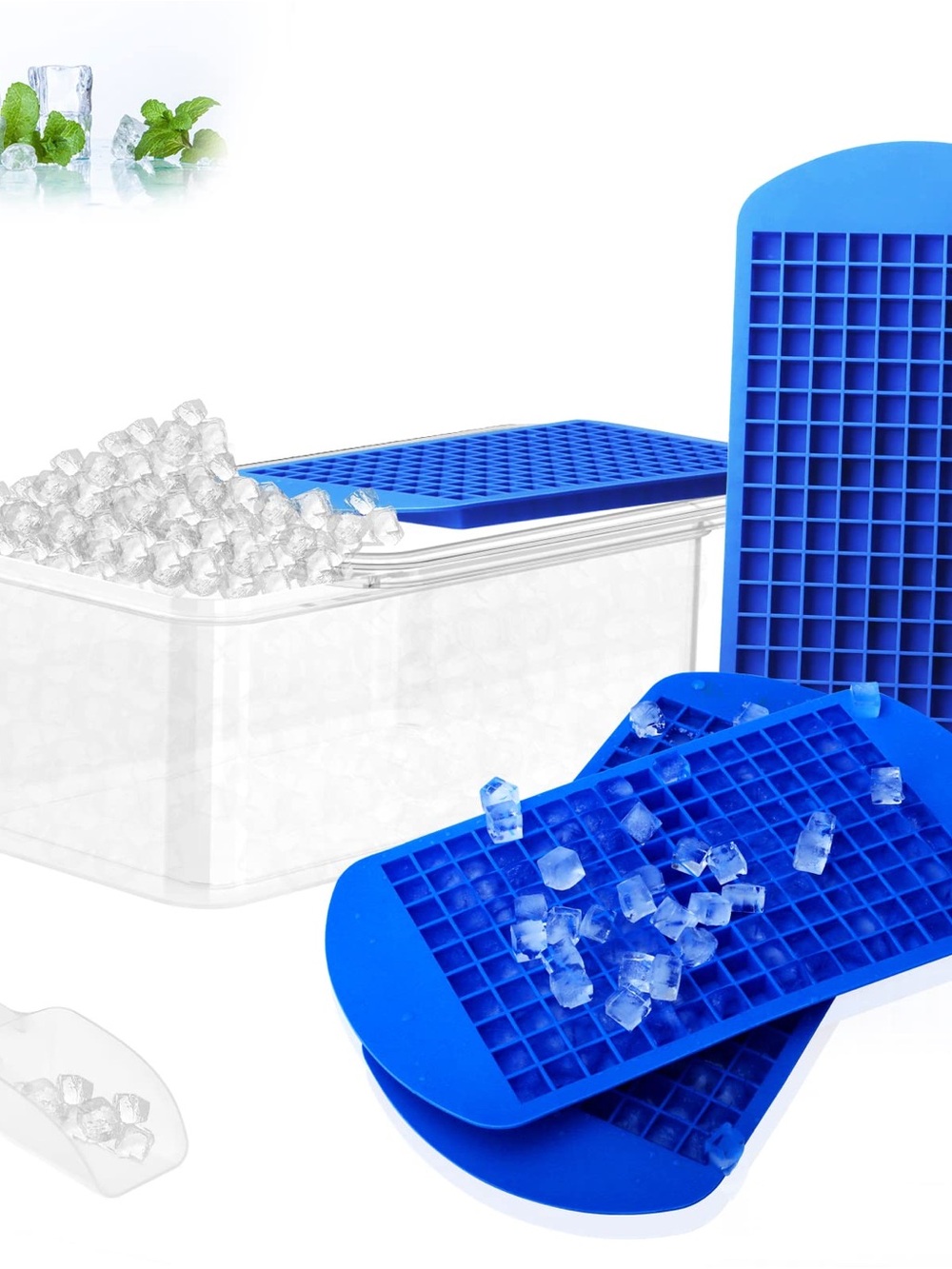 Blue Silicone Mini Ice Cube Tray Set with Storage Container and scoop